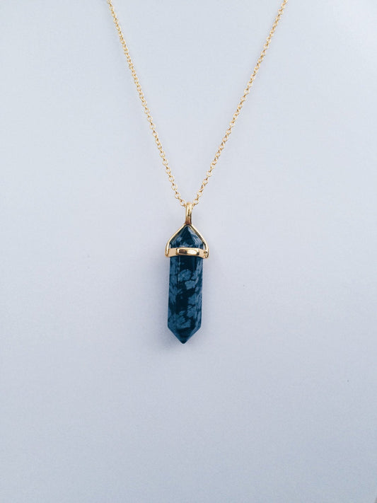 Snowflake Black Obsidian Gold Healing Stone Crystal Necklace