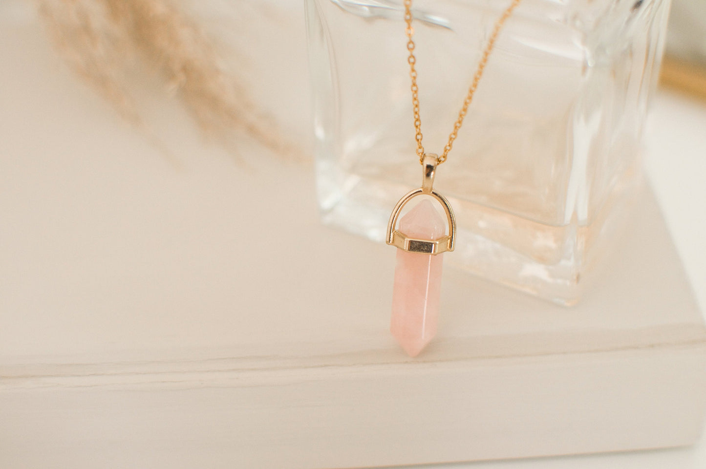 Rose Quartz Gold Pink Healing Stone Crystal Necklace