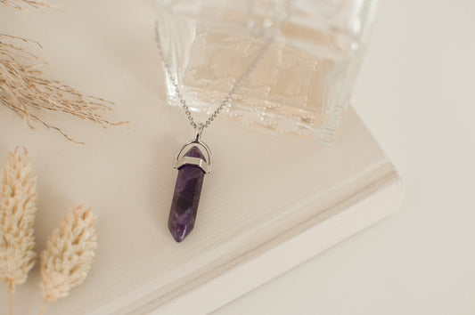 Amethyst Silver Purple Healing Stone Crystal Necklace, Amethyst Pendant Birthstone Necklace