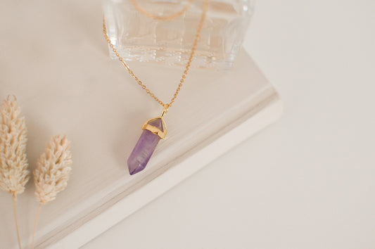 Amethyst Gold Purple Healing Stone Crystal Necklace, Amethyst Pendant Birthstone Necklace