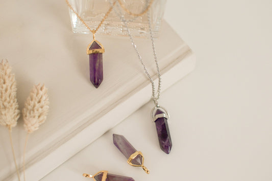 Amethyst Gold Purple Healing Stone Crystal Necklace, Amethyst Pendant Birthstone Necklace