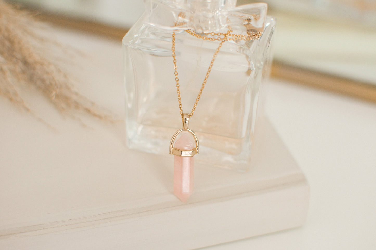 Rose Quartz Gold Pink Healing Stone Crystal Necklace