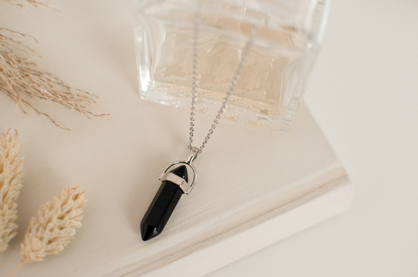 Black Obsidian Onyx Silver Healing Stone Crystal Necklace
