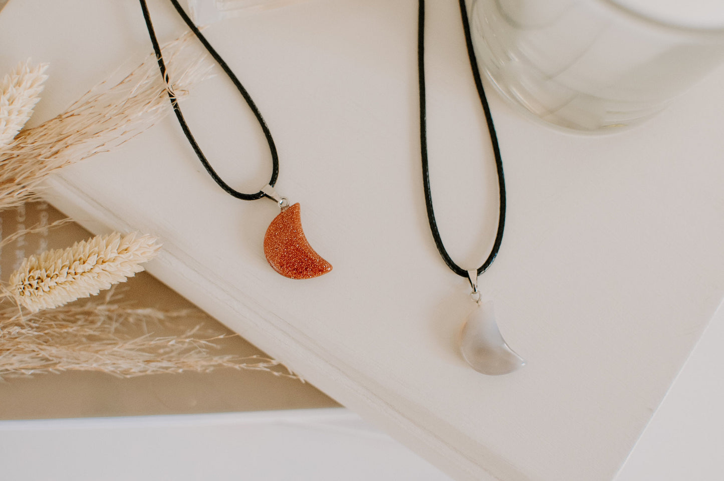 Crescent Moon Crystal Healing Stone Necklaces, Quartz Half Moon Necklaces, Grey Agate Necklace, Goldstone Necklace