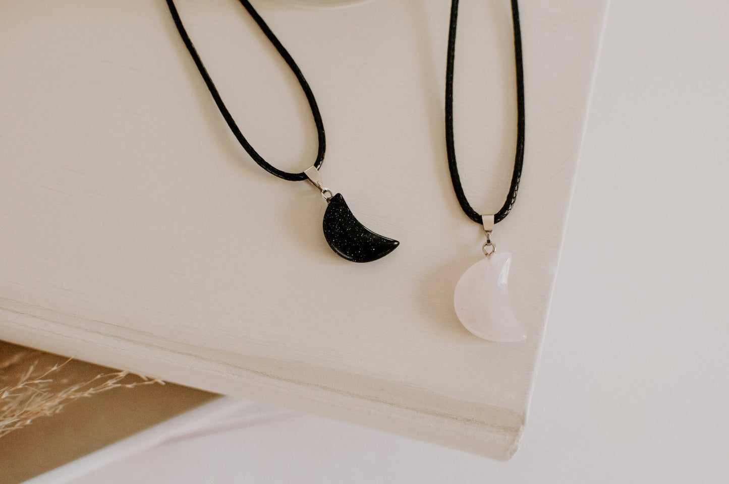 Crescent Moon Crystal Healing Stone Necklaces, Quartz Half Moon Necklaces, Grey Agate Necklace, Goldstone Necklace
