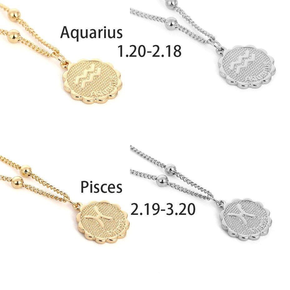 ZODIAC COIN NECKLACE, Horoscope Women Necklace, Zodiac Sign Jewelry, 12 Constellation Silver Gold Coin Pendants, Birthday Gift for Her