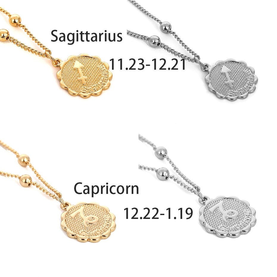 ZODIAC COIN NECKLACE, Horoscope Women Necklace, Zodiac Sign Jewelry, 12 Constellation Silver Gold Coin Pendants, Birthday Gift for Her