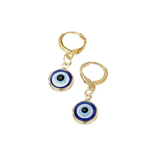 EVIL EYE EARRINGS, Protection Earrings, Round Eye Dangle Drop Earrings, Gold Hoops, Evil Jewelry for Women, Blue Earrings, Gift for Her