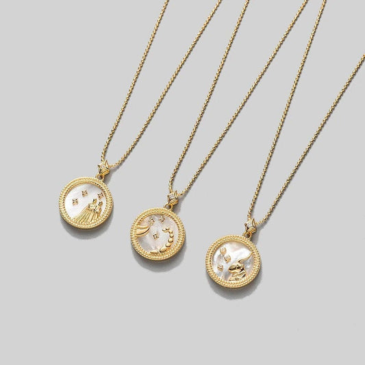ZODIAC SIGN NECKLACE, White & Gold Horoscope Women's Necklace, Zodiac Sign Jewelry, 12 Constellation Pendants, Birthday Gift for Her