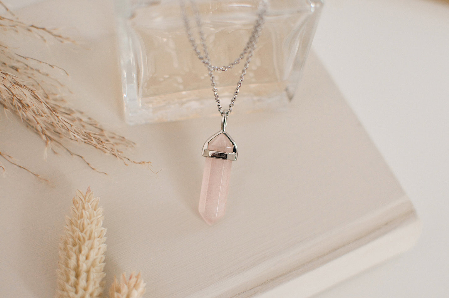 Rose Quartz Silver Healing Stone Crystal Necklace