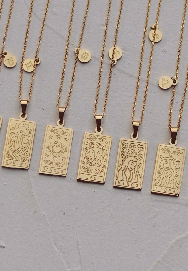 Zodiac Tarot Necklace - 18k Gold Plated Stainless Steel - Zodiac Gold Pendant, Zodiac Sign Jewelry, Astrology Necklace Gift