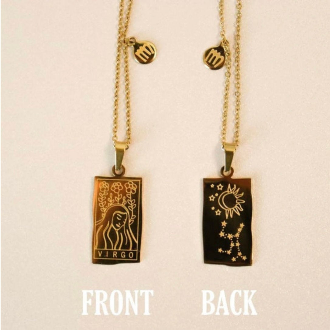 Zodiac Tarot Necklace - 18k Gold Plated Stainless Steel - Zodiac Gold Pendant, Zodiac Sign Jewelry, Astrology Necklace Gift