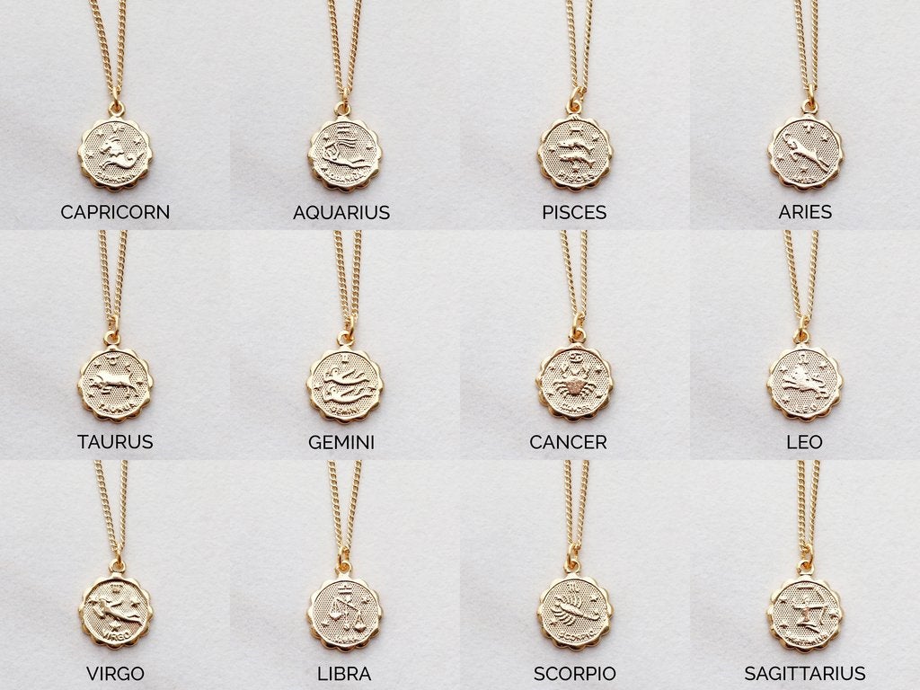 Zodiac Coin Stainless Steel Necklace, Horoscope Necklace, Zodiac Sign Jewelry, 12 Constellation Gold Coin Pendants, Birthday Gift for Her