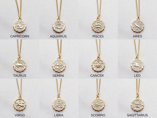 Zodiac Coin Stainless Steel Necklace, Horoscope Necklace, Zodiac Sign Jewelry, 12 Constellation Gold Coin Pendants, Birthday Gift for Her
