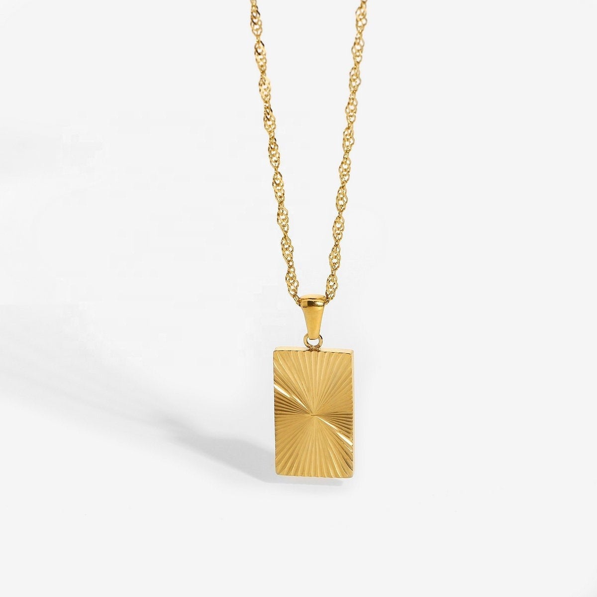 Sunburst 18K Gold Stainless Steel Necklace - Sunbeam Rectangle Pendant, Divergent Sunlight Sun Ray Necklace, Birthday Gift for Her
