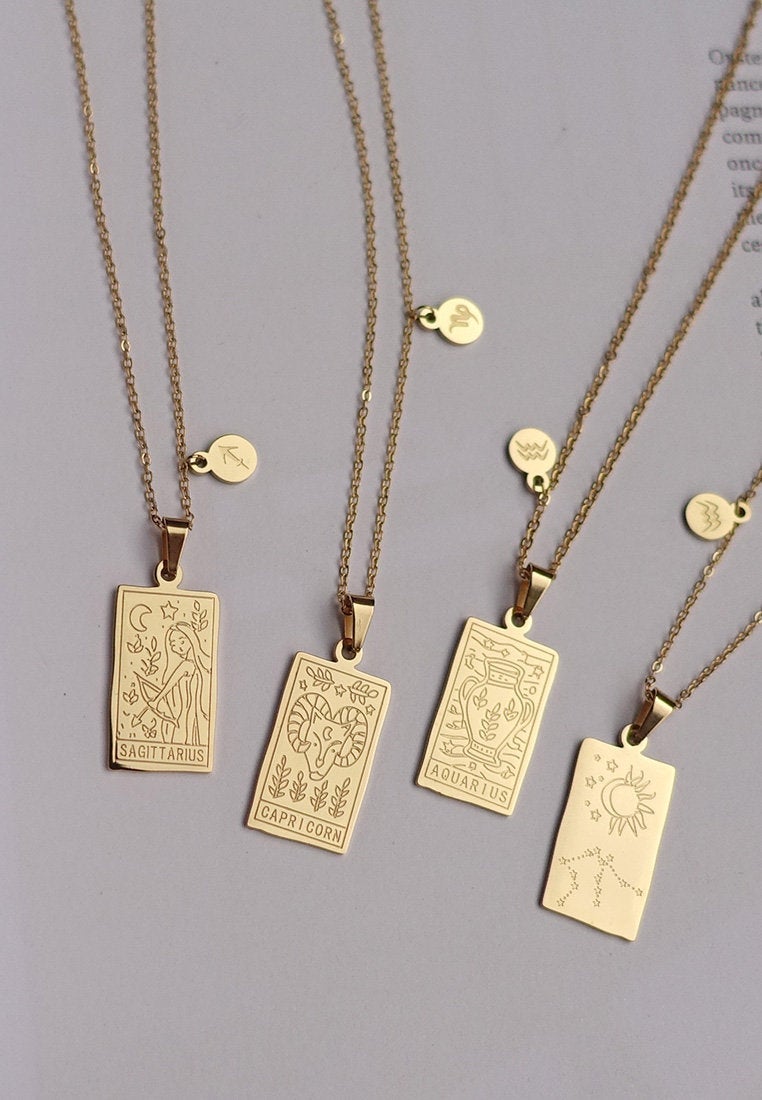 Zodiac Tarot Necklace - 18k Gold Plated Stainless Steel - Zodiac Gold Pendant, Zodiac Sign Jewelry, Astrology Necklace Gift