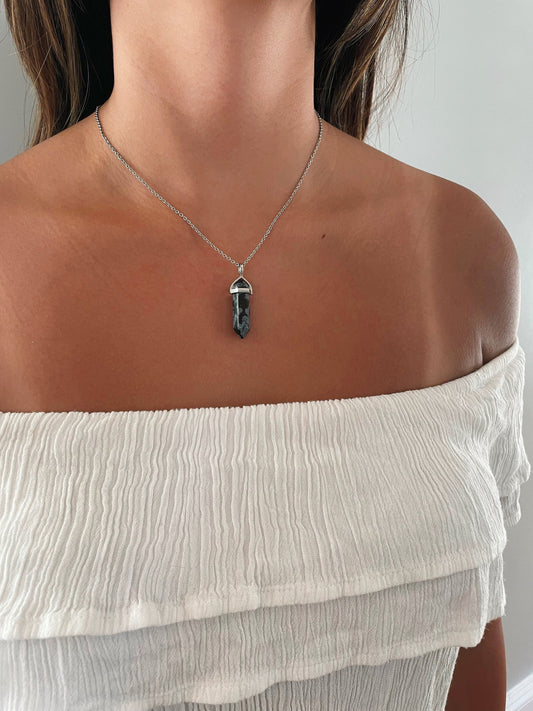 Snowflake Black Obsidian Silver Healing Stone Crystal Necklace