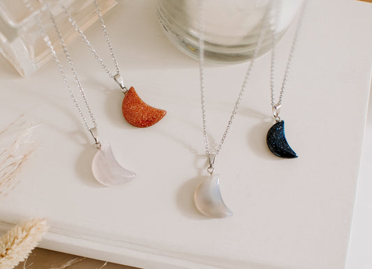 Crescent Moon Crystal Healing Stone Necklaces, Quartz Half Moon Necklaces, Grey Agate Necklace, Goldstone Necklace