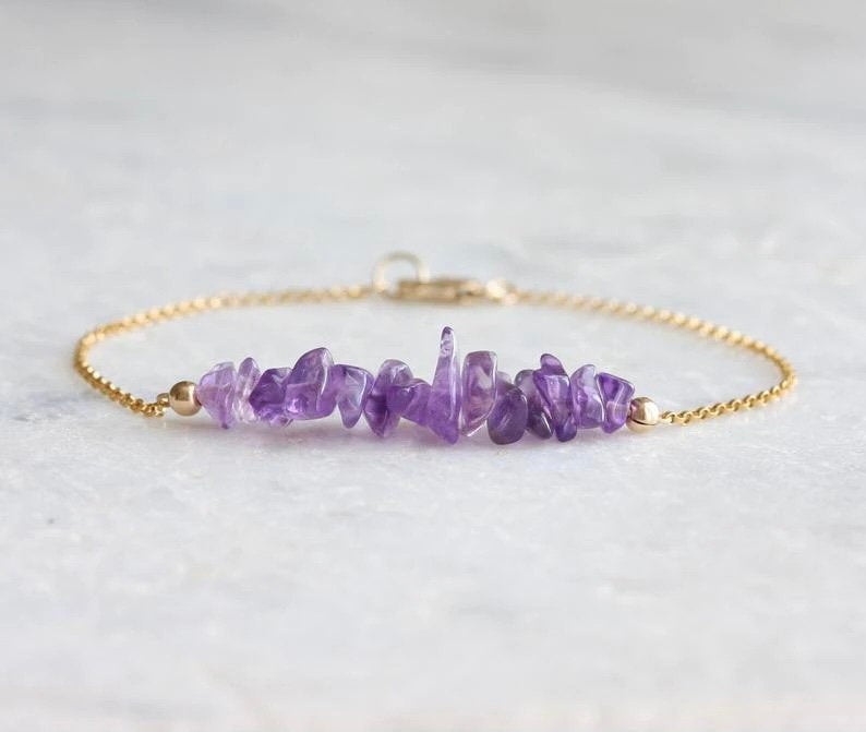 Amethyst Gold Bracelet, Healing Crystal for Anxiety & Stress Relief, Amethyst Chip Bracelet, February Birthstone Jewelry