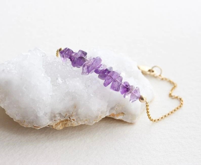 Amethyst Gold Bracelet, Healing Crystal for Anxiety & Stress Relief, Amethyst Chip Bracelet, February Birthstone Jewelry