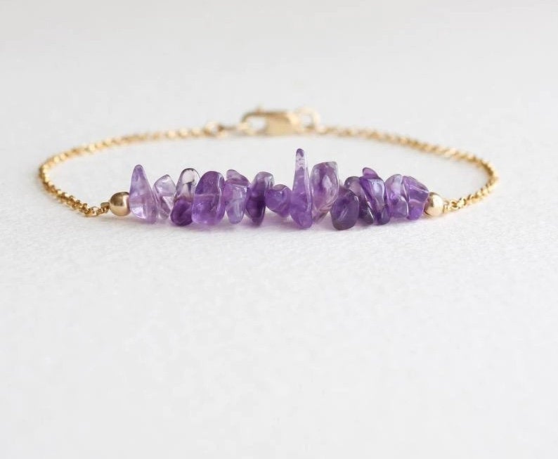Amethyst Gold Bracelet, Healing Crystal for Anxiety & Stress Relief, Amethyst Chip Bracelet, February Birthstone Jewelry