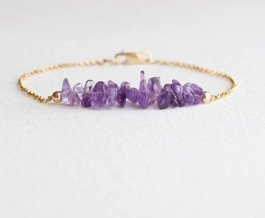 Amethyst Gold Bracelet, Healing Crystal for Anxiety & Stress Relief, Amethyst Chip Bracelet, February Birthstone Jewelry