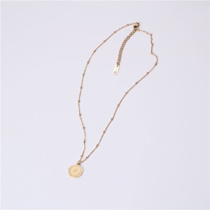 Starburst 18K Gold Plated Stainless Steel Coin Necklace - Sunbeam Gold Stamped Pendant, Star Sun Ray Necklace, Sunburst Gold Dainty Necklace
