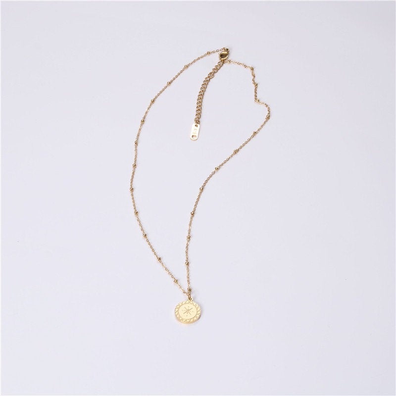 Starburst 18K Gold Plated Stainless Steel Coin Necklace - Sunbeam Gold Stamped Pendant, Star Sun Ray Necklace, Sunburst Gold Dainty Necklace