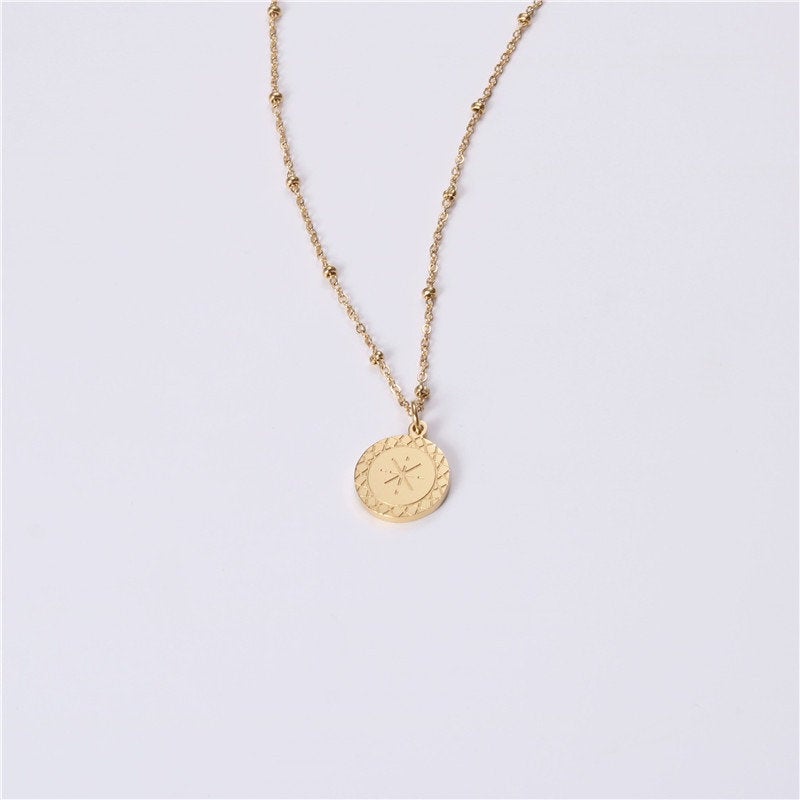 Starburst 18K Gold Plated Stainless Steel Coin Necklace - Sunbeam Gold Stamped Pendant, Star Sun Ray Necklace, Sunburst Gold Dainty Necklace