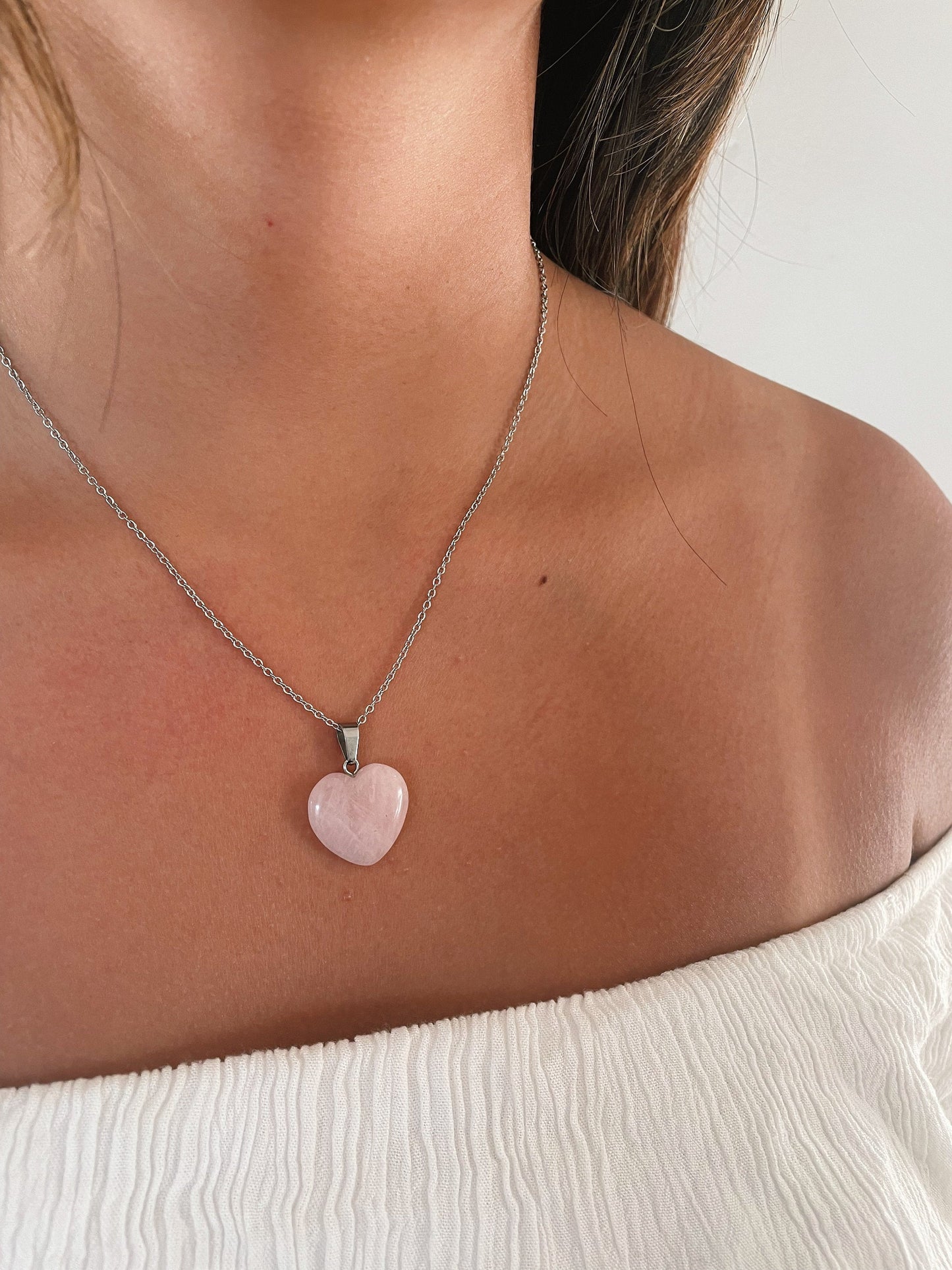 Rose Quartz Heart Necklace, Pink Healing Stone Crystal Silver Necklace Choker