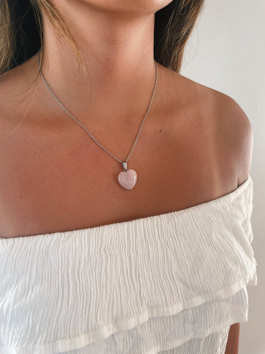 Rose Quartz Heart Necklace, Pink Healing Stone Crystal Silver Necklace Choker