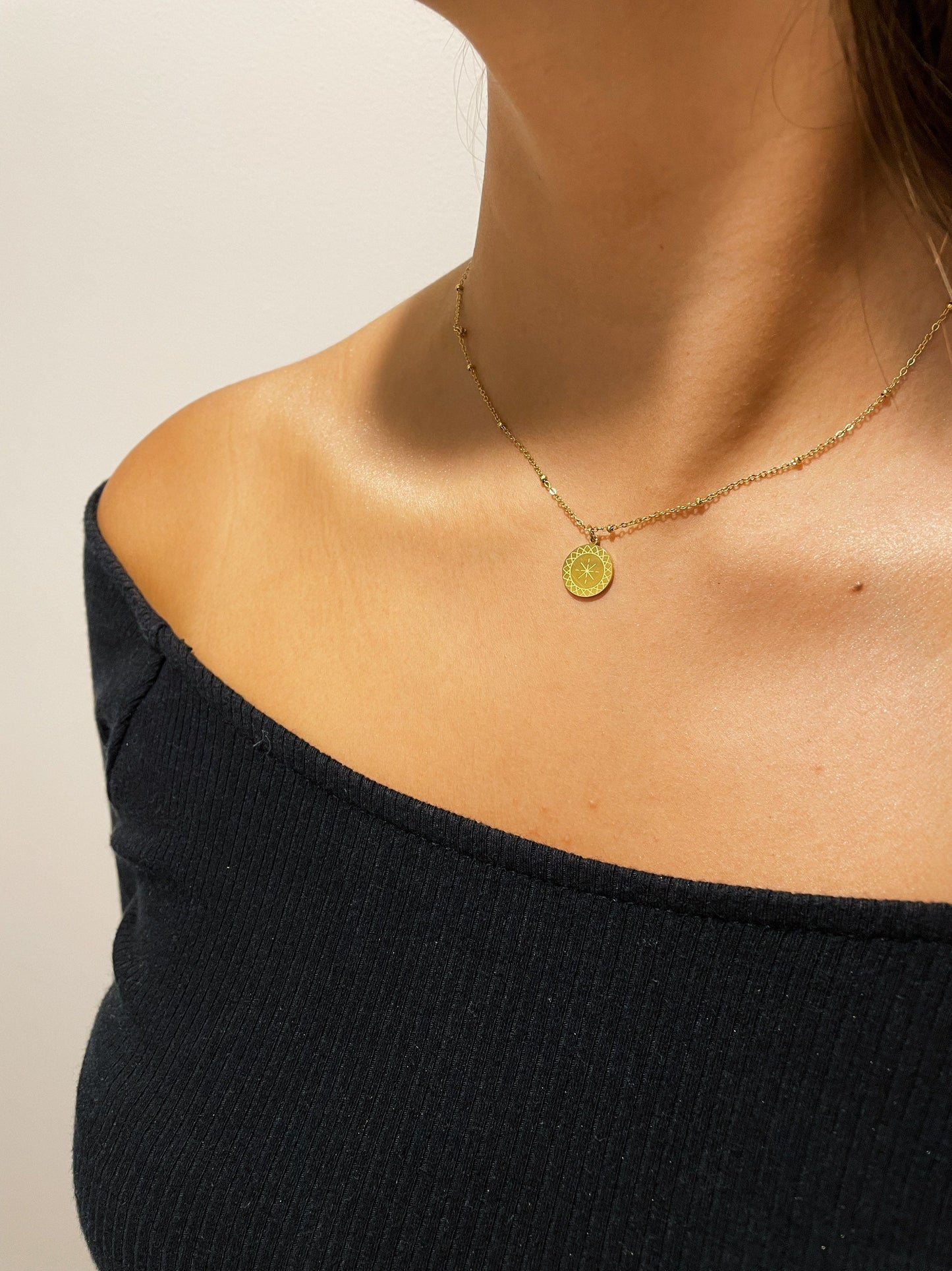 Starburst 18K Gold Plated Stainless Steel Coin Necklace - Sunbeam Gold Stamped Pendant, Star Sun Ray Necklace, Sunburst Gold Dainty Necklace