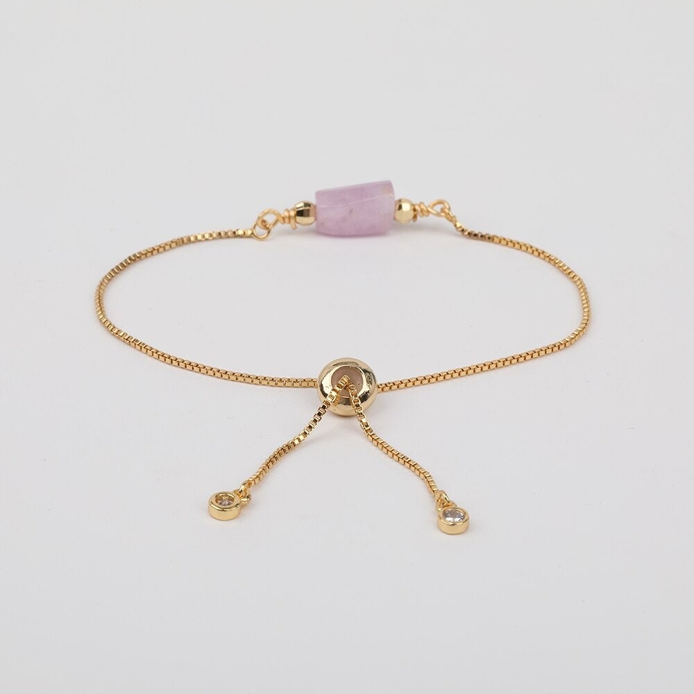 Kunzite Adjustable Gold Bracelet, Pink Healing Gemstone Crystal Jewelry for Women