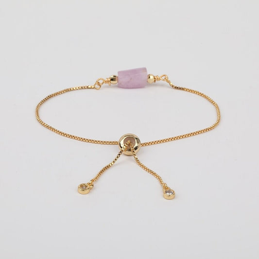 Kunzite Adjustable Gold Bracelet, Pink Healing Gemstone Crystal Jewelry for Women