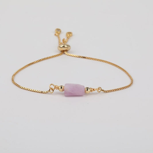 Kunzite Adjustable Gold Bracelet, Pink Healing Gemstone Crystal Jewelry for Women