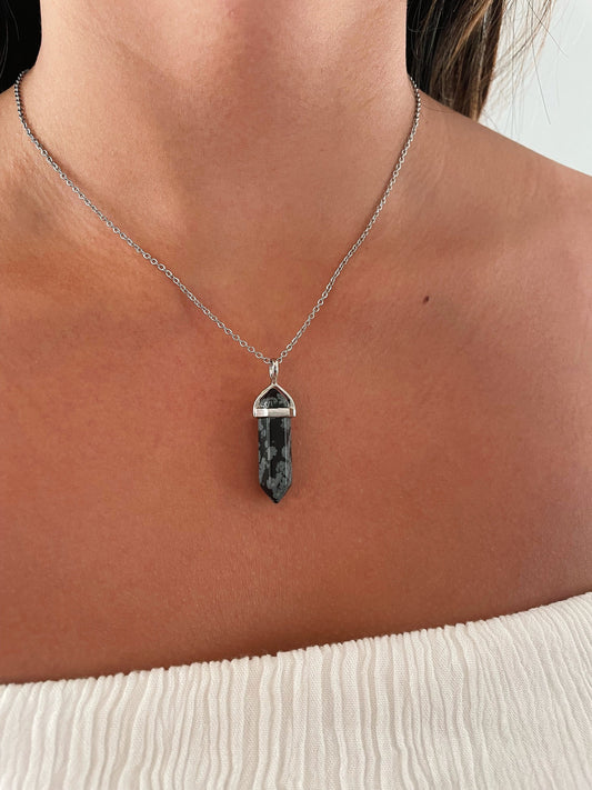 Snowflake Black Obsidian Silver Healing Stone Crystal Necklace
