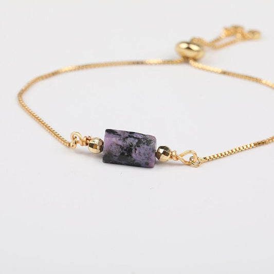 Purple Charoite Adjustable Gold Bracelet, Negativity Protection, Gemstone Crystal Jewelry for Women