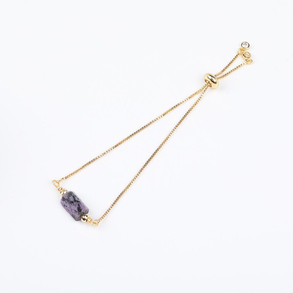 Purple Charoite Adjustable Gold Bracelet, Negativity Protection, Gemstone Crystal Jewelry for Women