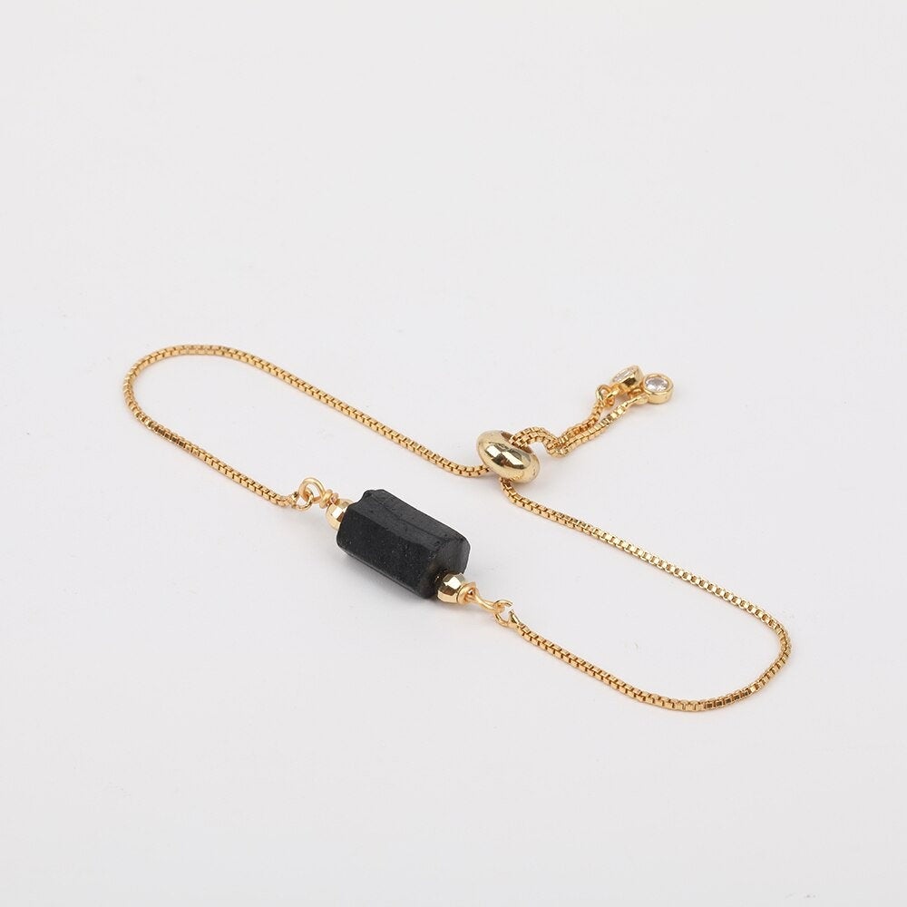 Black Tourmaline Adjustable Gold Bracelet, Negative Energy Protection, Raw Black Tourmaline Stone, October Birthstone Jewelry