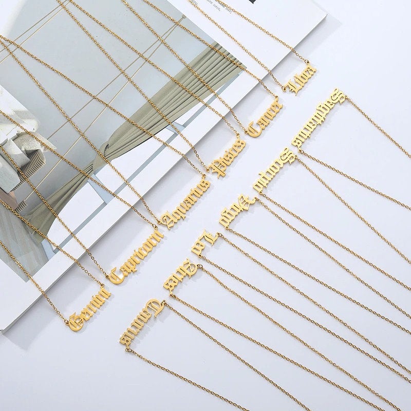 Zodiac Old English Necklace - 18k Gold Plated Stainless Steel Necklace - Zodiac Word Necklace, Zodiac Sign Gift Jewelry, Horoscope Necklace