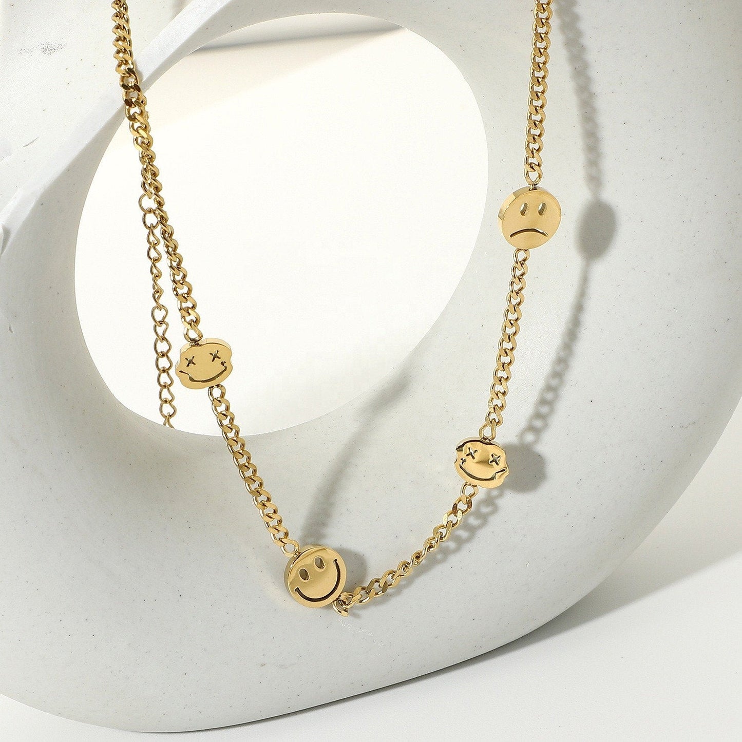 Trippy Smiley & Sad Face Emoji Necklace - 14K Gold Plated Stainless Steel Choker Necklace - Trendy Jewelry for Her, Retro Jewelry, Paperclip