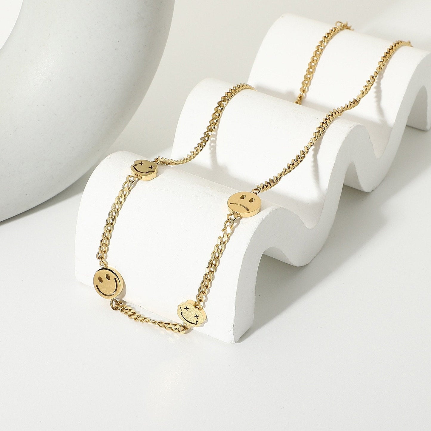 Trippy Smiley & Sad Face Emoji Necklace - 14K Gold Plated Stainless Steel Choker Necklace - Trendy Jewelry for Her, Retro Jewelry, Paperclip