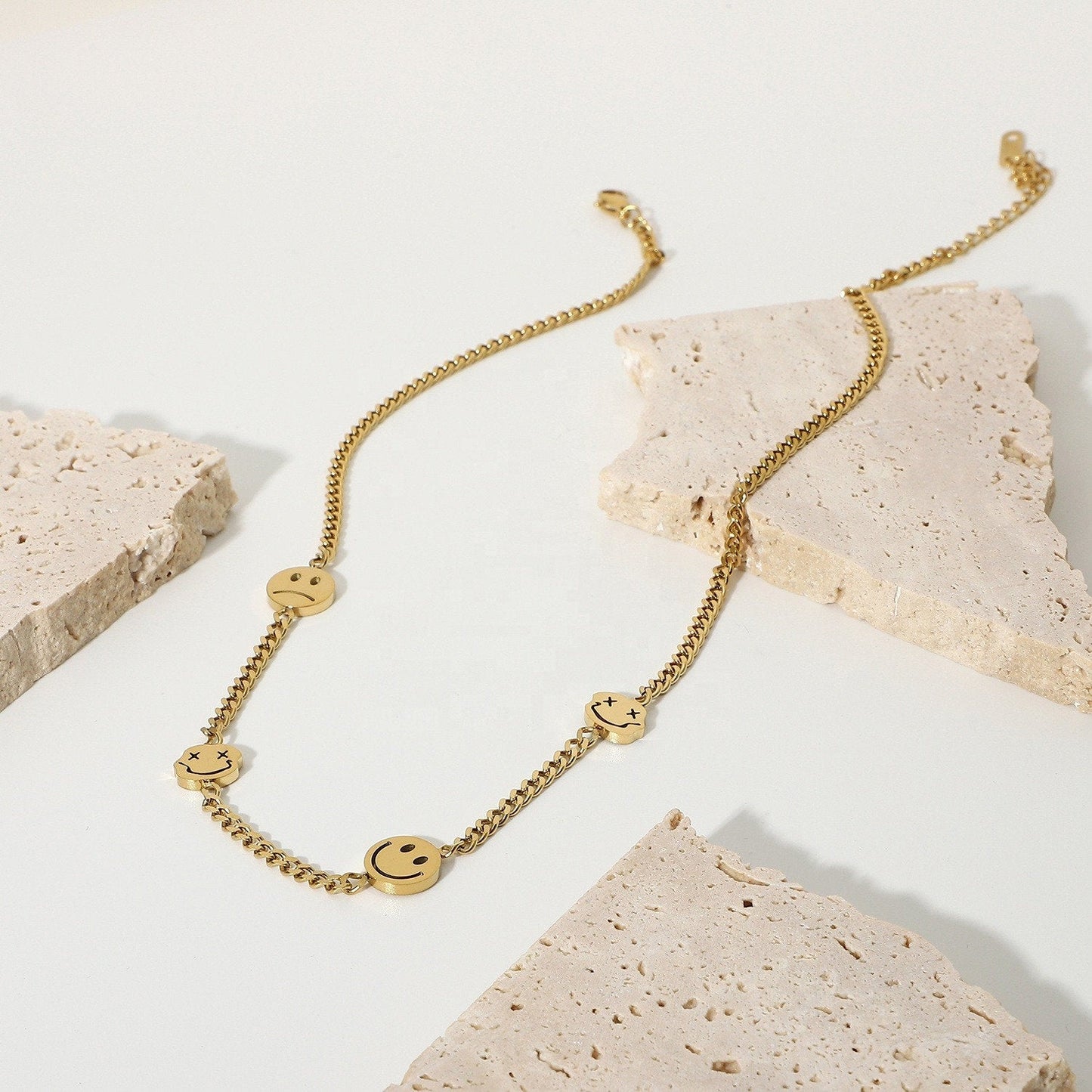 Trippy Smiley & Sad Face Emoji Necklace - 14K Gold Plated Stainless Steel Choker Necklace - Trendy Jewelry for Her, Retro Jewelry, Paperclip