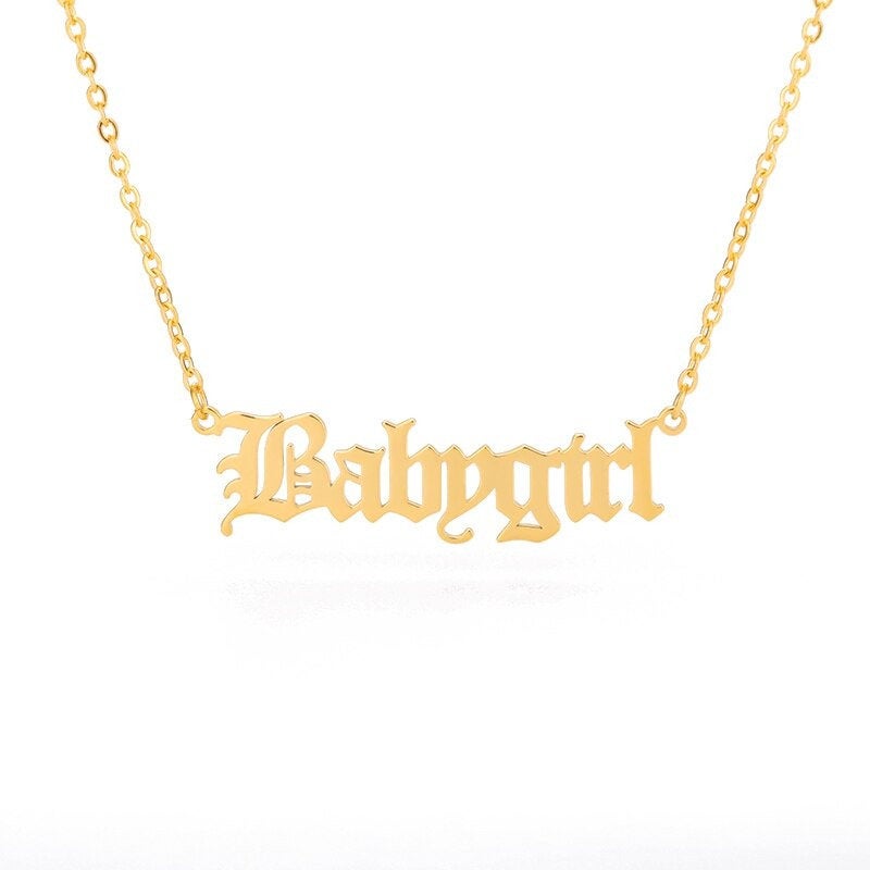 Baby Princess Angel Necklace - Babygirl Baby Girl Stainless Steel Gold Plated Necklace, Old English Necklace, Trendy Necklace for Girls