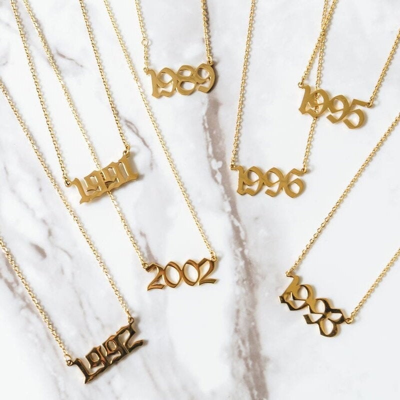Birth Year Necklace, Old English Birth Year Number Gold Necklace, Gold Plated Stainless Steel Necklace, Gift For Her, 1999, 2000, 2001, 2002