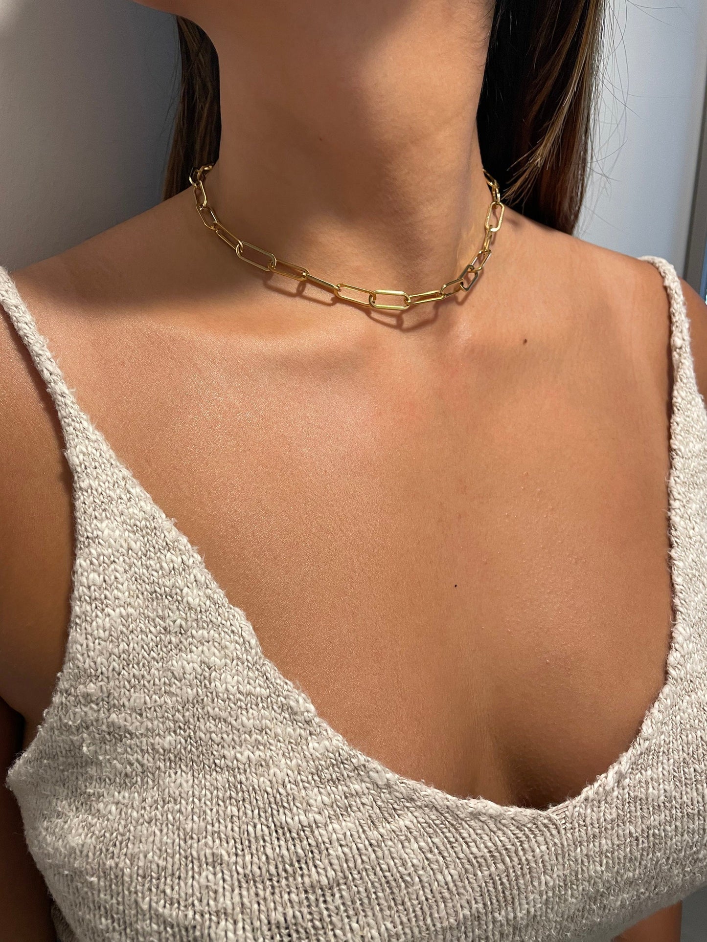 Paper Clip 18k Gold Necklace Choker, Rectangle Link Chain Necklace , Paperclip Gold Jewelry, Trendy Layering Necklace for Women