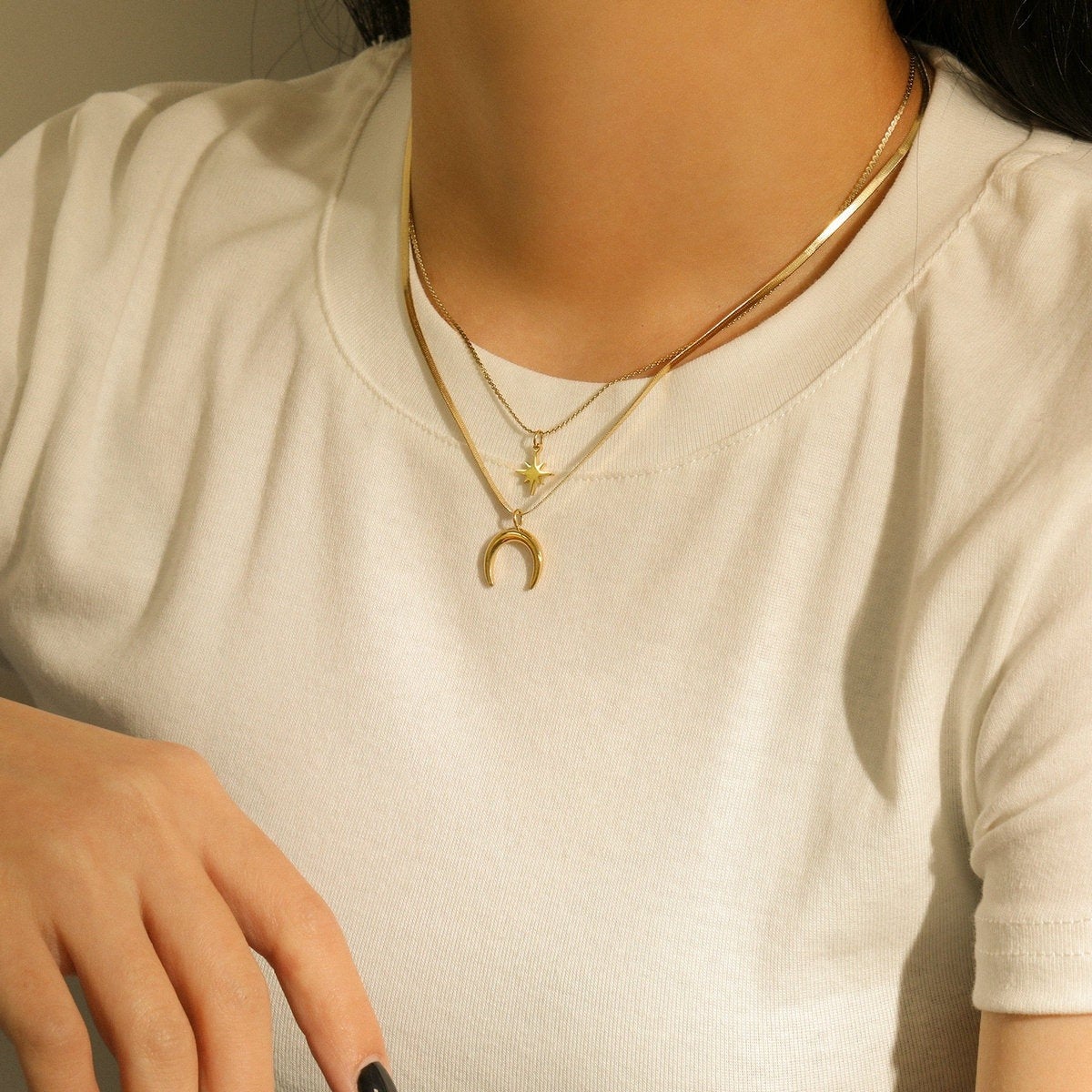 Crescent Moon Celestial Star 18k Gold Layered Necklace, Double Horn Layering Necklace, Herringbone Snake Necklace, Star Necklace