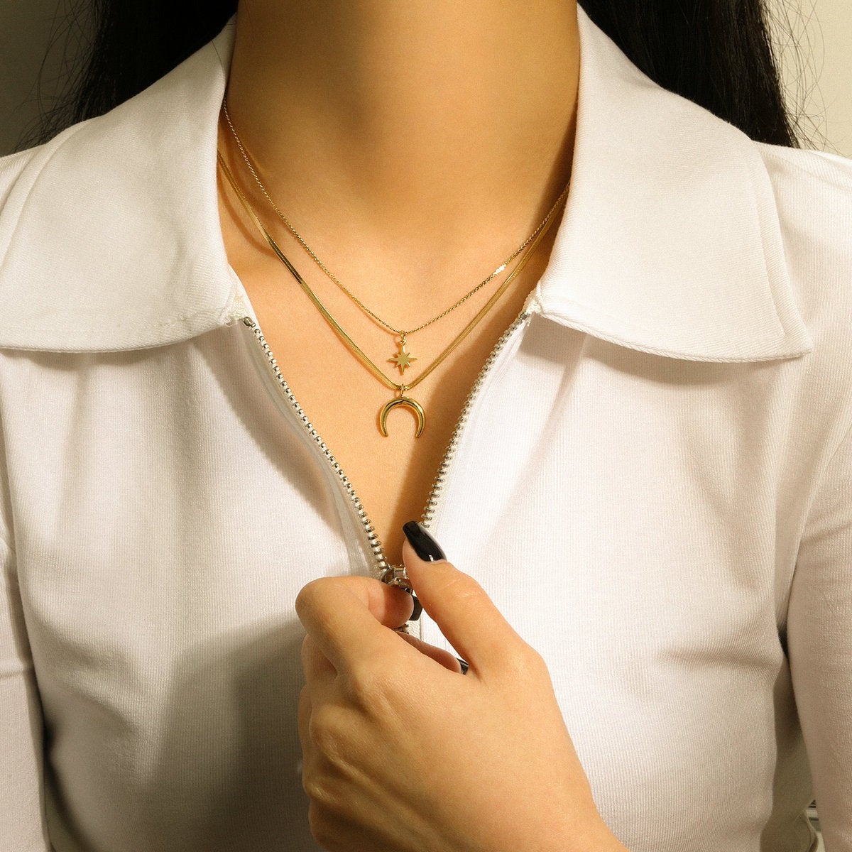 Crescent Moon Celestial Star 18k Gold Layered Necklace, Double Horn Layering Necklace, Herringbone Snake Necklace, Star Necklace