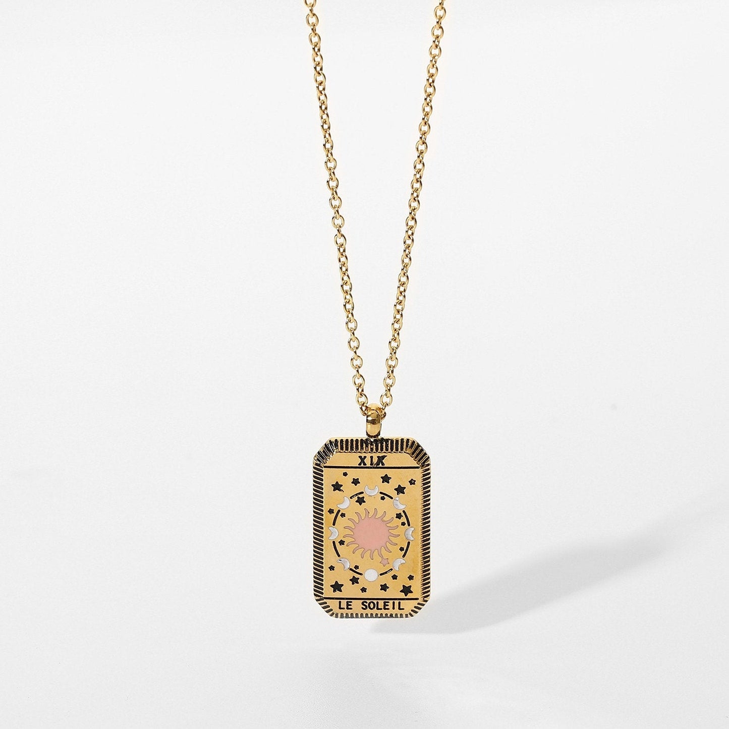 Tarot Card Necklace - 18k Gold Waterproof Rectangle Necklace - Celestial Mystic Tarot Jewelry, Queen Necklace, Sun Necklace, Moon Necklace