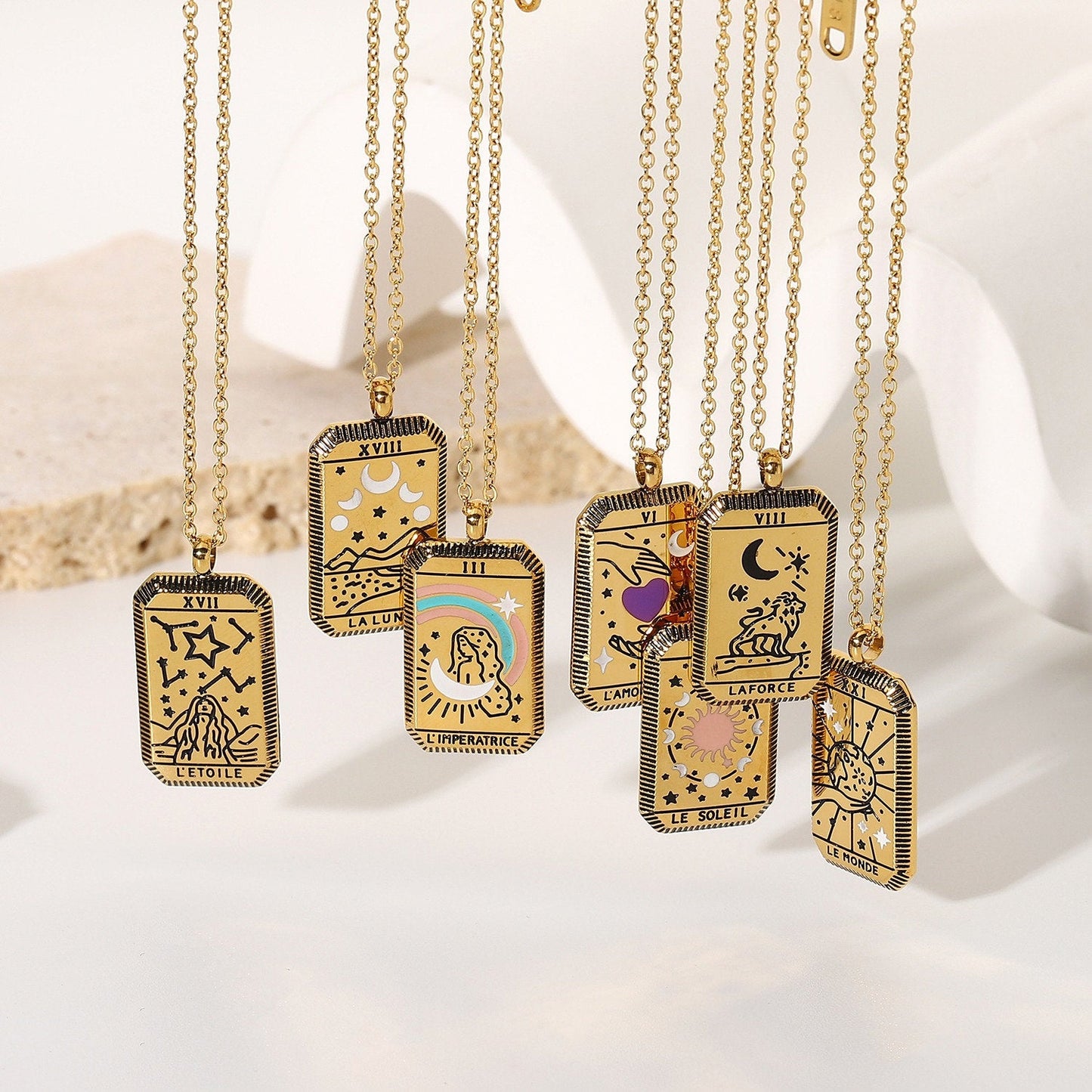 Tarot Card Necklace - 18k Gold Waterproof Rectangle Necklace - Celestial Mystic Tarot Jewelry, Queen Necklace, Sun Necklace, Moon Necklace